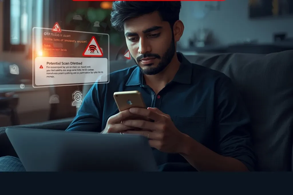 Report cyber fraud online India visual with user detecting phishing message and protecting bank details from scam
