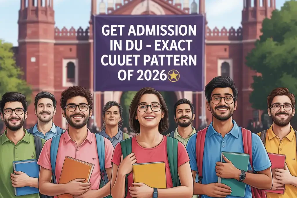 Students standing in front of Delhi University with banner showing CUET UG Exam Pattern 2026 for admission guidance