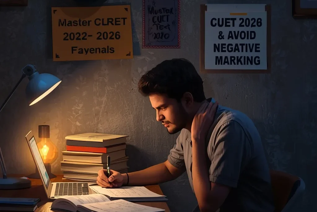 Student preparing at desk for CUET 2026 Marking Scheme with books and laptop during night study