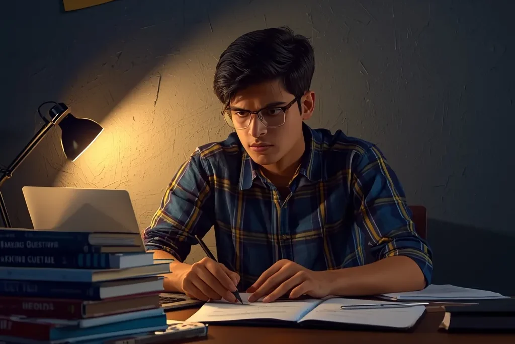 Focused student solving MCQs for CUET UG Question Pattern 2026 with notes and study materials