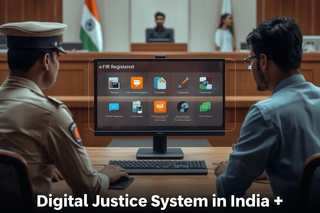 Digital justice system India 2026 showing online FIR registration and electronic evidence in courtroom