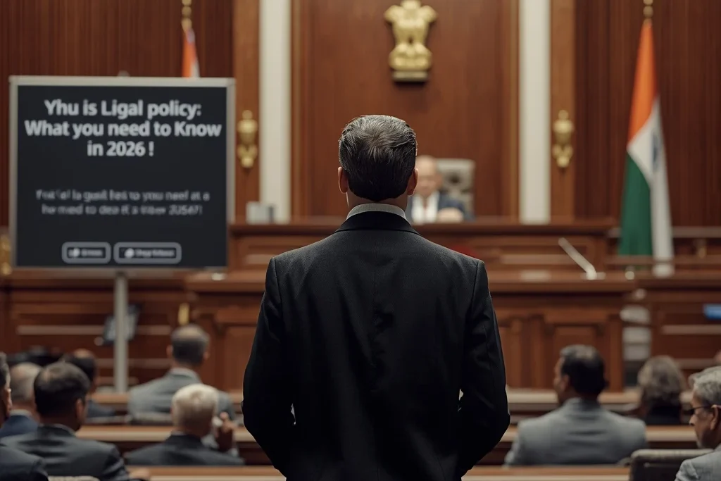 Lawyer addressing court during hearing on Litigation Policy 2026 India in modern Indian courtroom with judge and legal reform banner