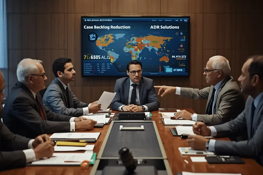 Government officials discussing New Legal Reform India 2026 with digital data screens and legal documents in modern office