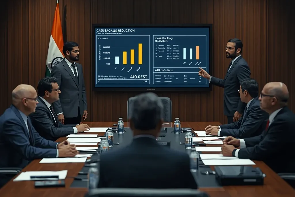 Legal experts analyzing case backlog and policy changes under New Legal Reform India 2026 in professional meeting setup