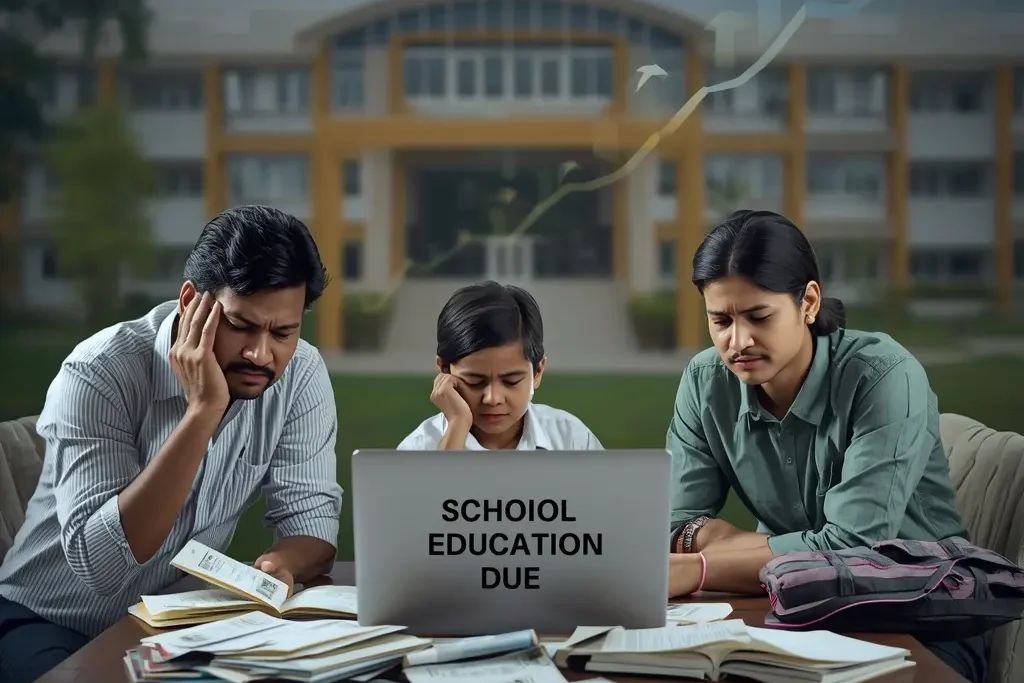 Education Inflation India showing middle-class family struggling with rising school fees and expenses