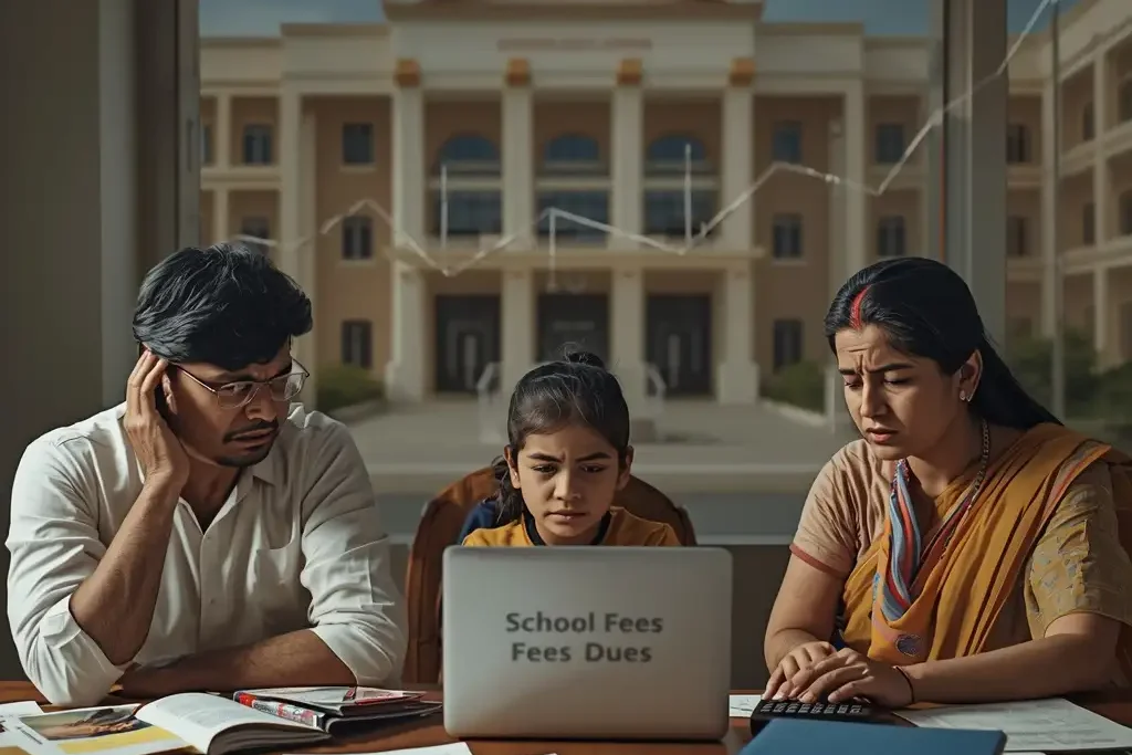 Costly Education India concept with parents stressed over school fee bills and child education costs