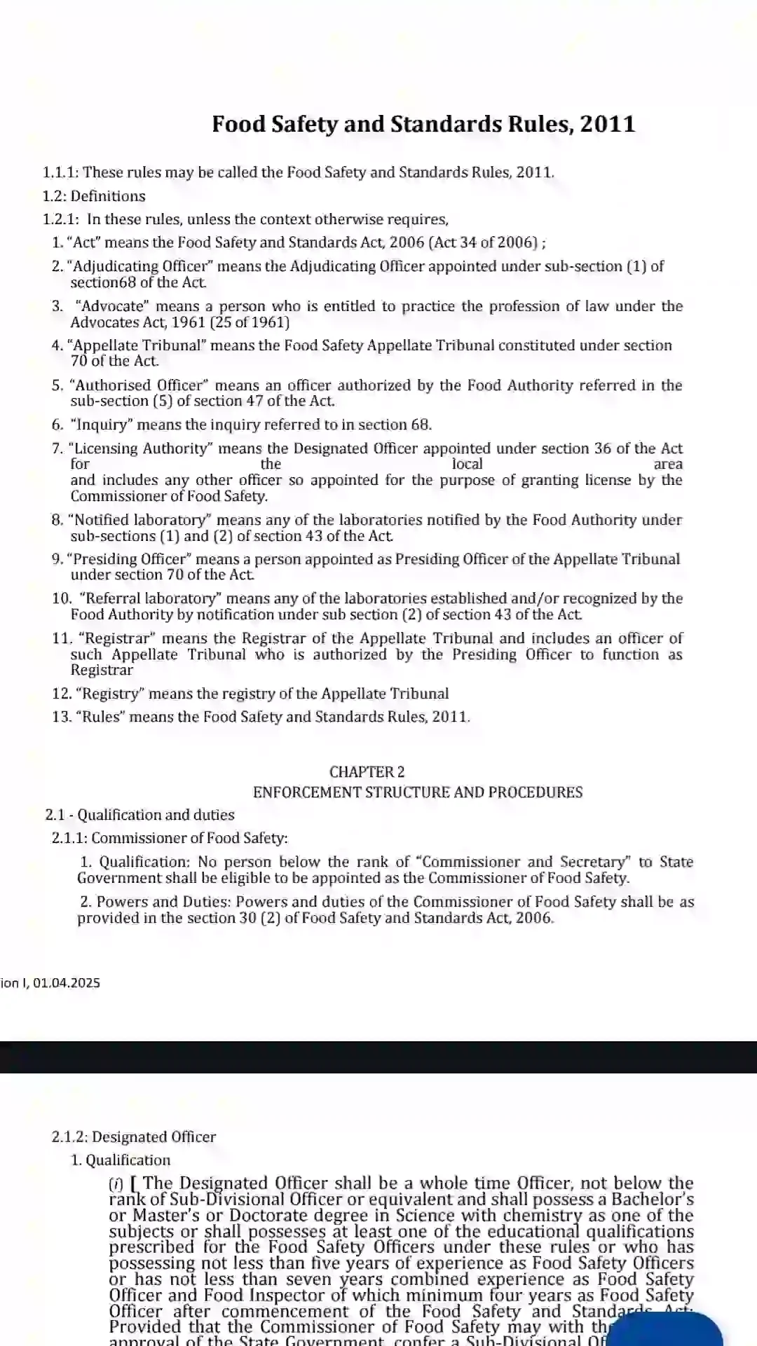 Food Safety and standard rules of 2011 showing in the image 