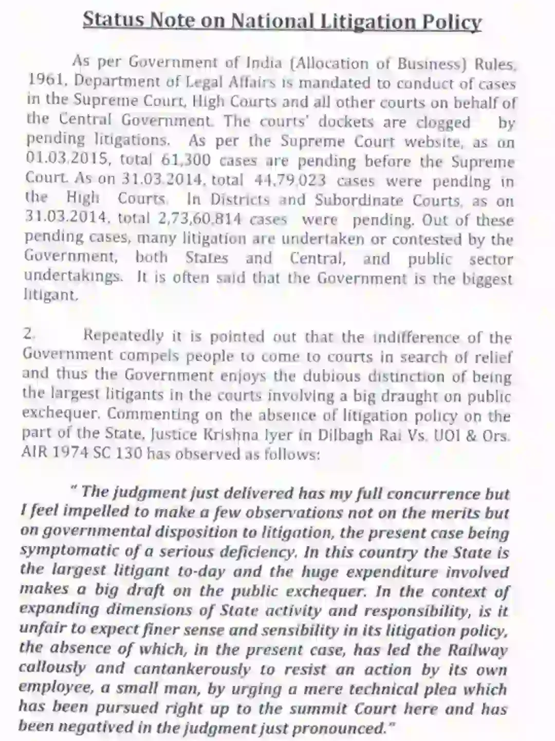 Screenshot of National Litigation Policy which showing status note and other reforms