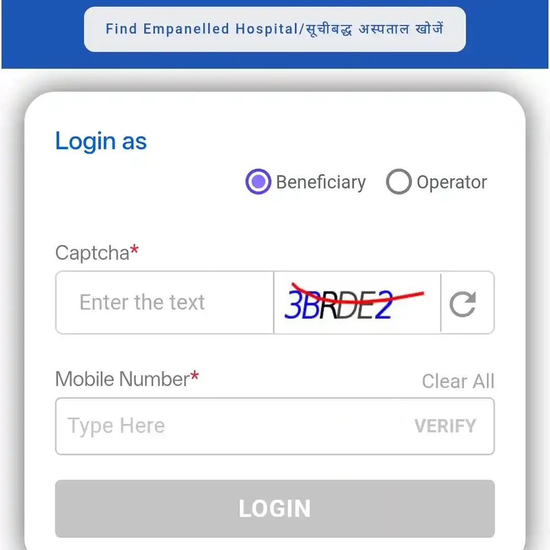 PMJAY beneficiary portal login page for Ayushman Card registration
