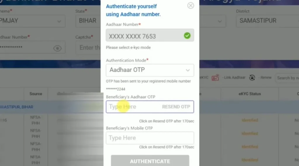 Ayushman Bharat online registration using Aadhaar verification showing in the image