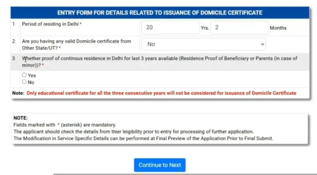 Delhi domicile certificate application form showing residence period and eligibility details