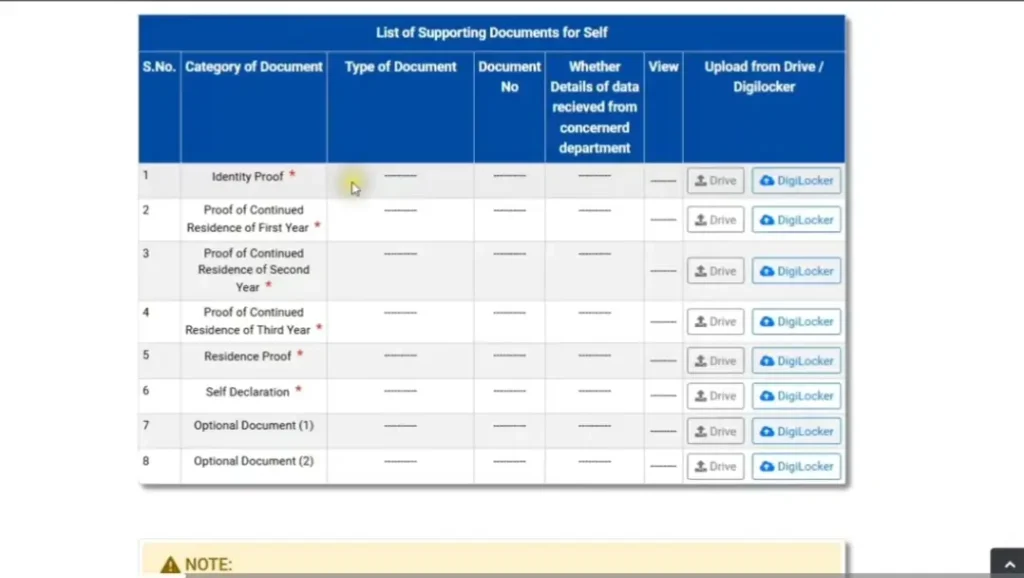 List of supporting documents (identity proof, residence proof, self declaration, etc.)