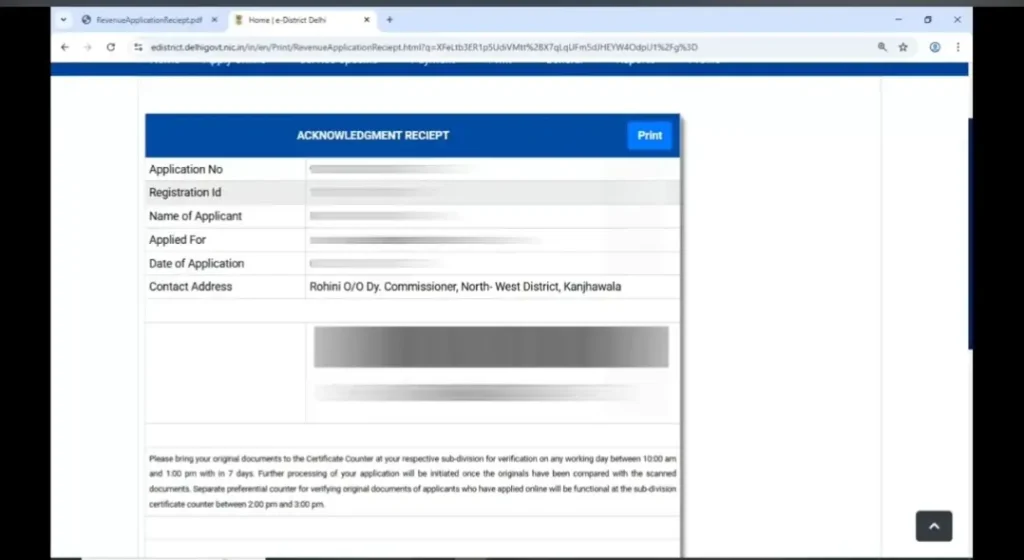 Acknowledgment receipt with instructions to bring original documents for verification.