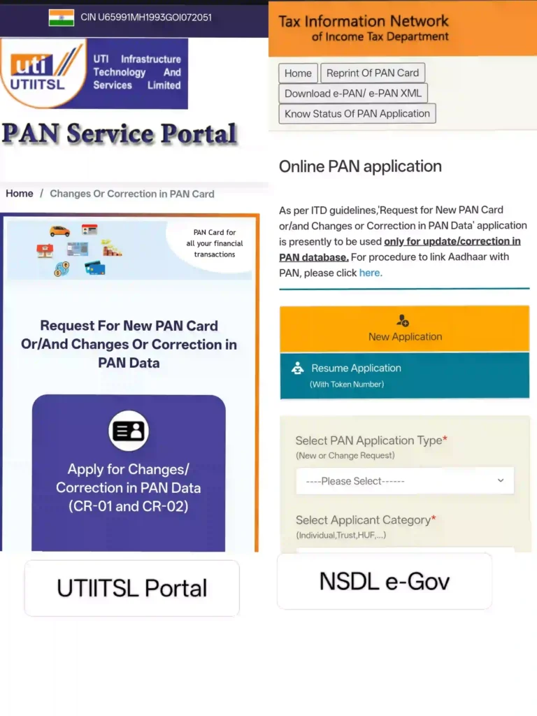 UTIITSL and NSDL PAN correction portal options for updating PAN card details online