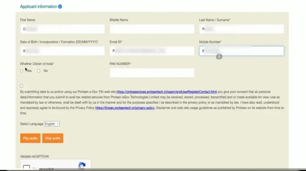 Online PAN card correction form with personal details, email, mobile number, and PAN number fields
