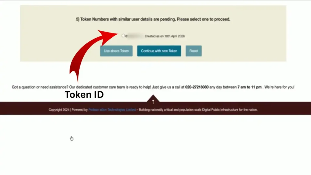 PAN correction application token ID page showing pending application and resume option