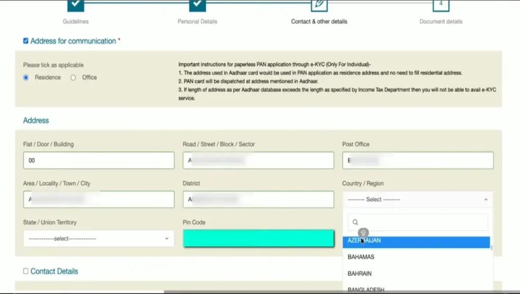 PAN card correction address section with residence details, state, district, and PIN code fields