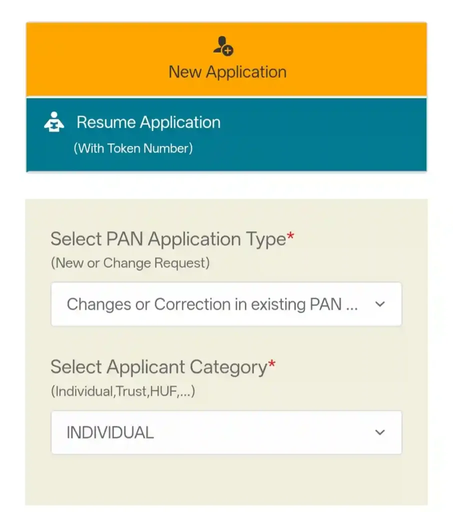 Select PAN application type and applicant category for PAN card correction request