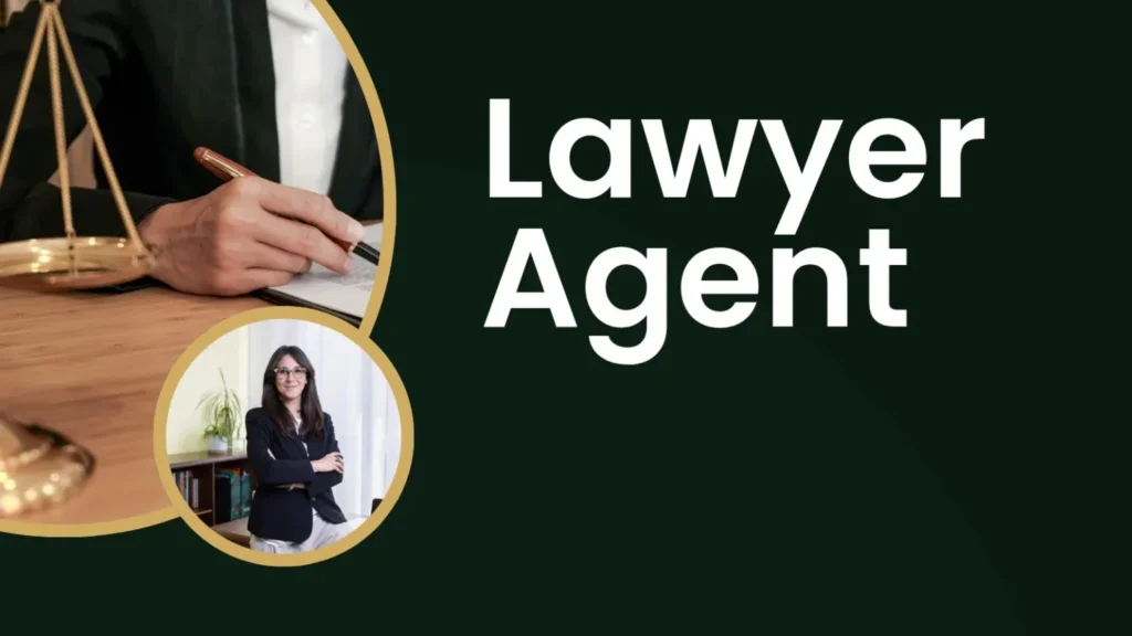Lawyer agent concept showing legal consultation, justice scales, attorney at work, and legal assistance services.