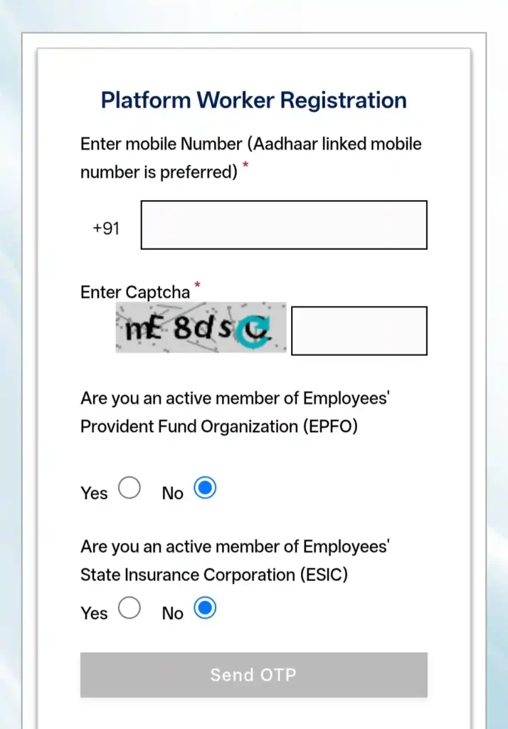 Register on e-Shram option highlighted on the official e-Shram portal for online worker registration.