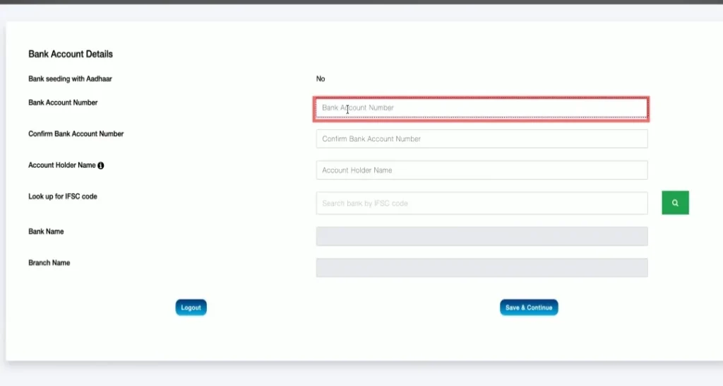 E-Shram card registration bank account details form showing account number, account holder name, IFSC code lookup, bank name, and branch details section.