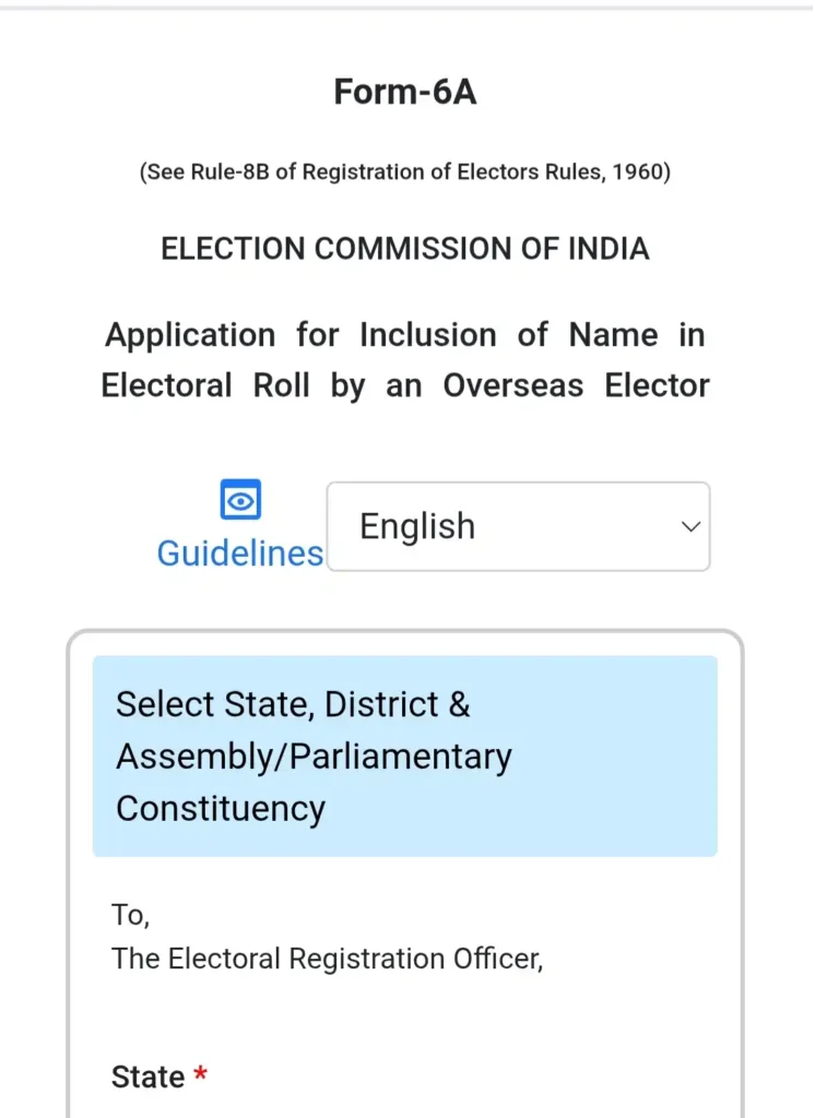 Form 6 voter registration application showing state, district and constituency selection on ECINET portal