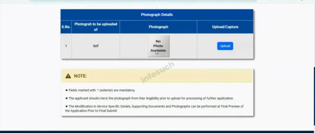 Photograph upload section for completing income certificate online application process