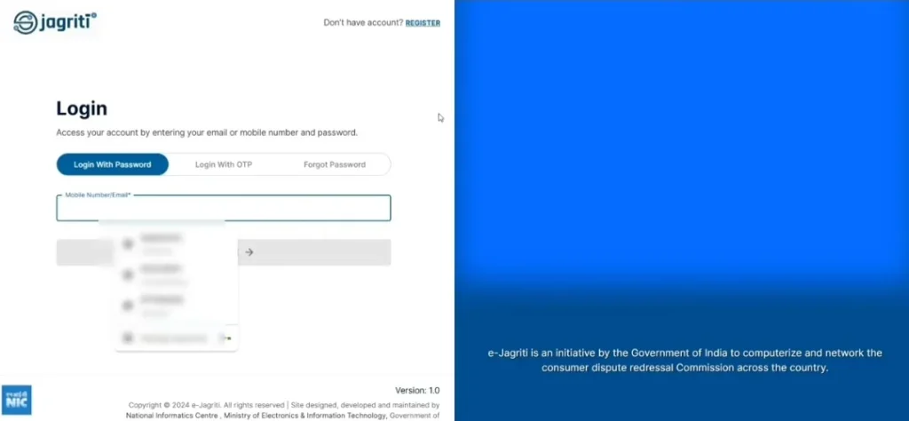e-Jagriti consumer complaint portal login page for accessing and filing consumer court complaints online.