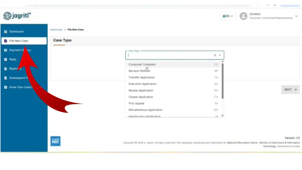 e-Jagriti dashboard displaying the "File New Case" option and Consumer Complaint case type selection.