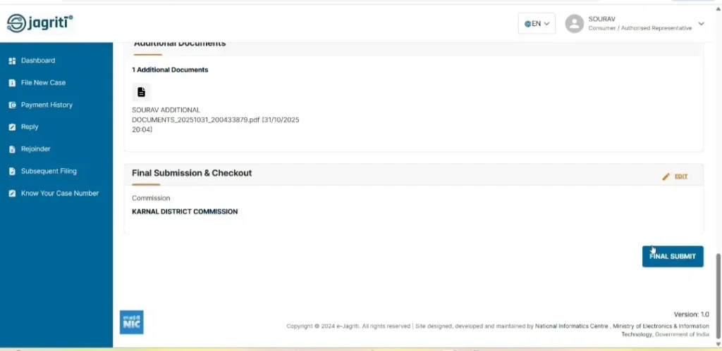 e-Jagriti consumer complaint final submission and checkout page showing document upload and final submit button.