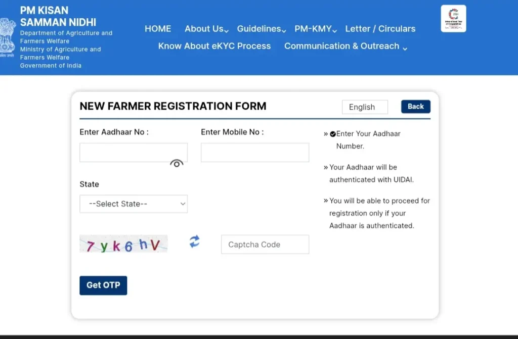 PM-KISAN New Farmer Registration form with Aadhaar number, mobile number, state selection, captcha, and OTP verification.