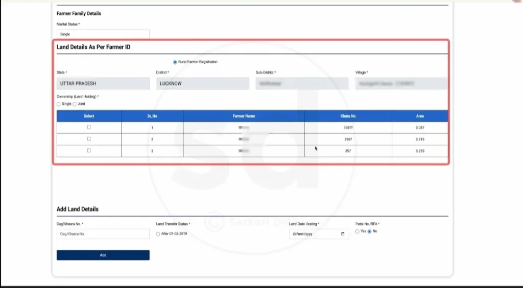 PM-KISAN registration portal displaying farmer land details, ownership information, Khata number, and land registration fields.