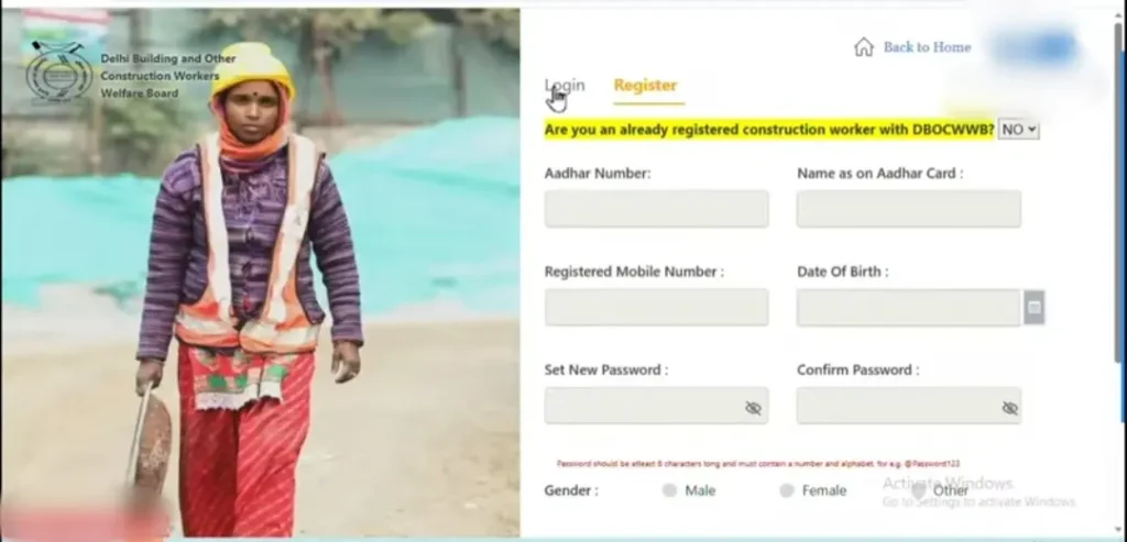 Delhi Labour Card online registration form with Aadhaar and mobile number details