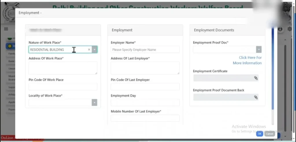 Employment details section in Delhi labour card online application process