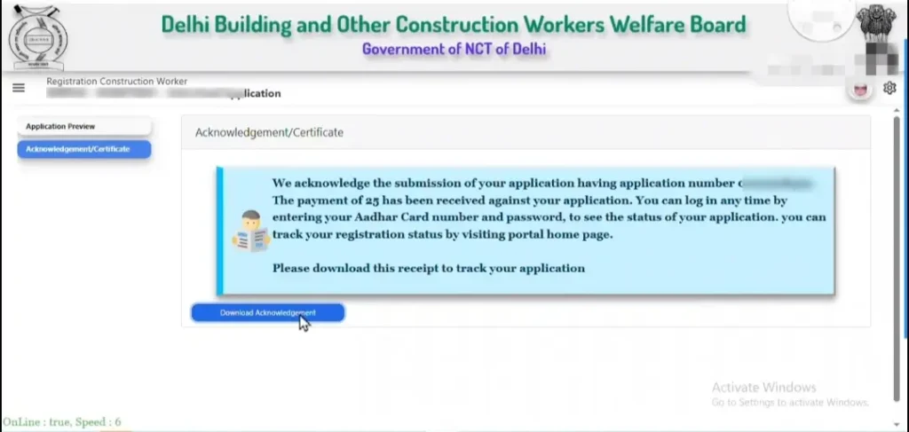 Labour card application acknowledgement receipt download page after successful registration