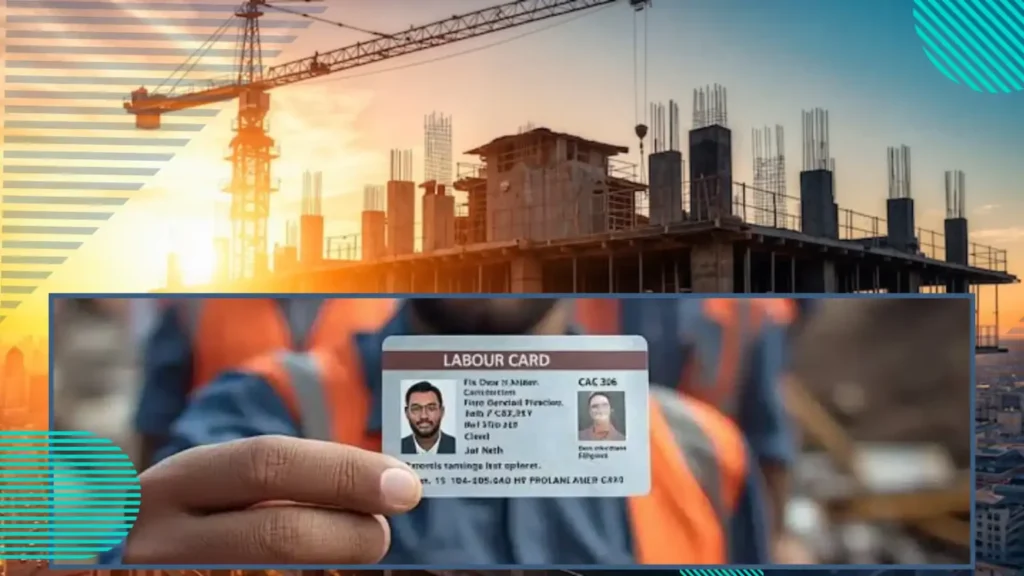 Labour Card Registration Process image showing construction workers and a person holding labour card with apply now banner