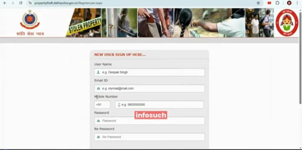 Delhi Police e-FIR portal new user registration form for online complaint filing