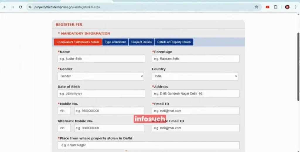 Delhi Police online FIR registration form for reporting property theft and stolen items