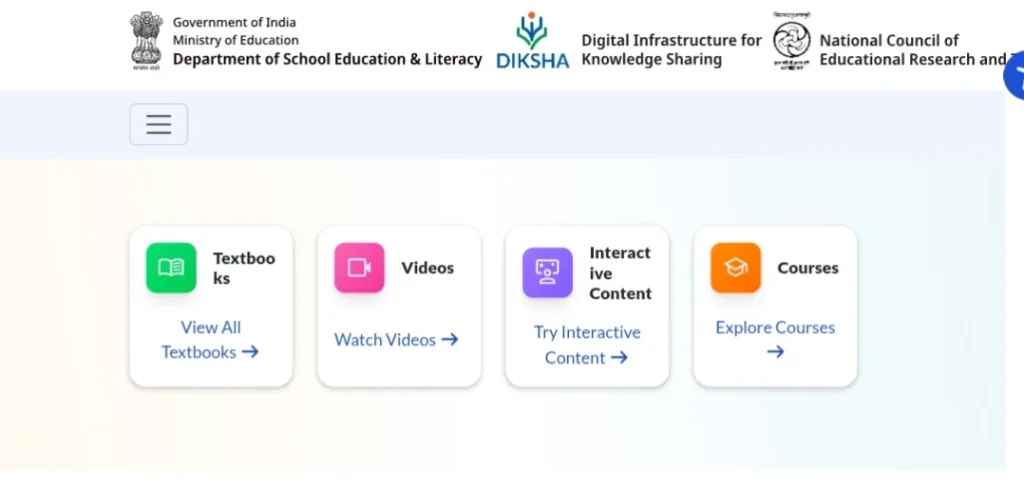 DIKSHA platform dashboard showing textbooks, videos, interactive content, and online courses for digital learning in India.