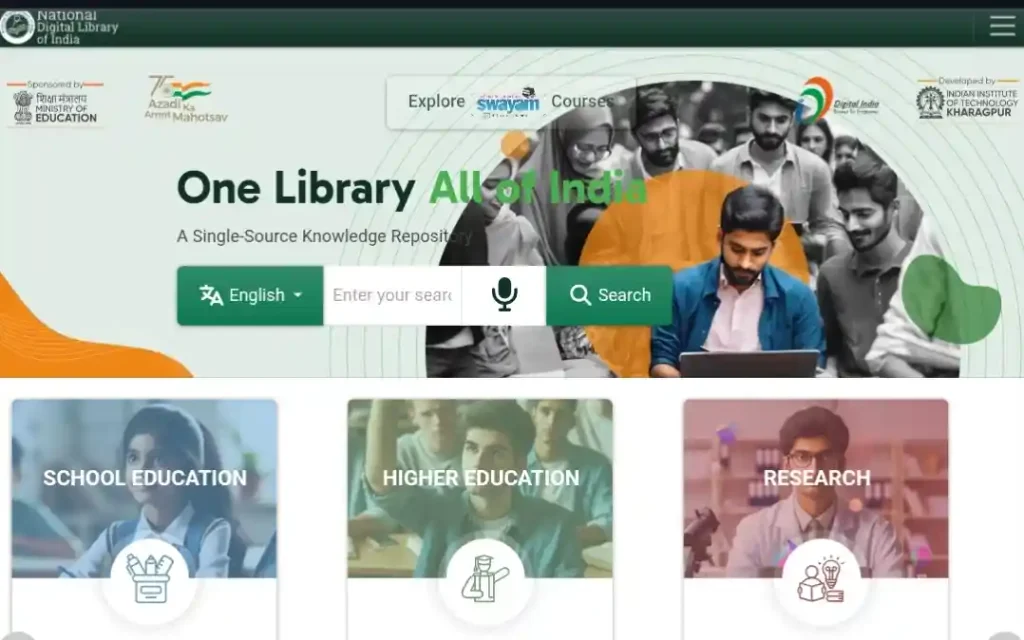 National Digital Library of India homepage providing access to school, higher education, and research learning resources.