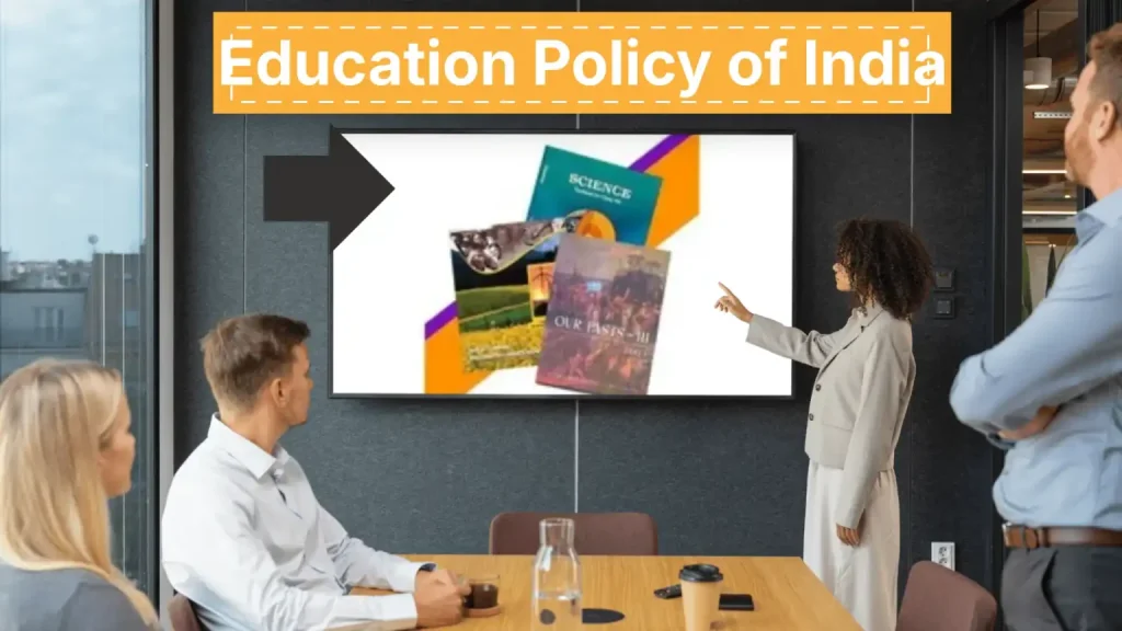 Students studying in classroom with NCERT portal on screen representing New Education Policy Key Rules in India