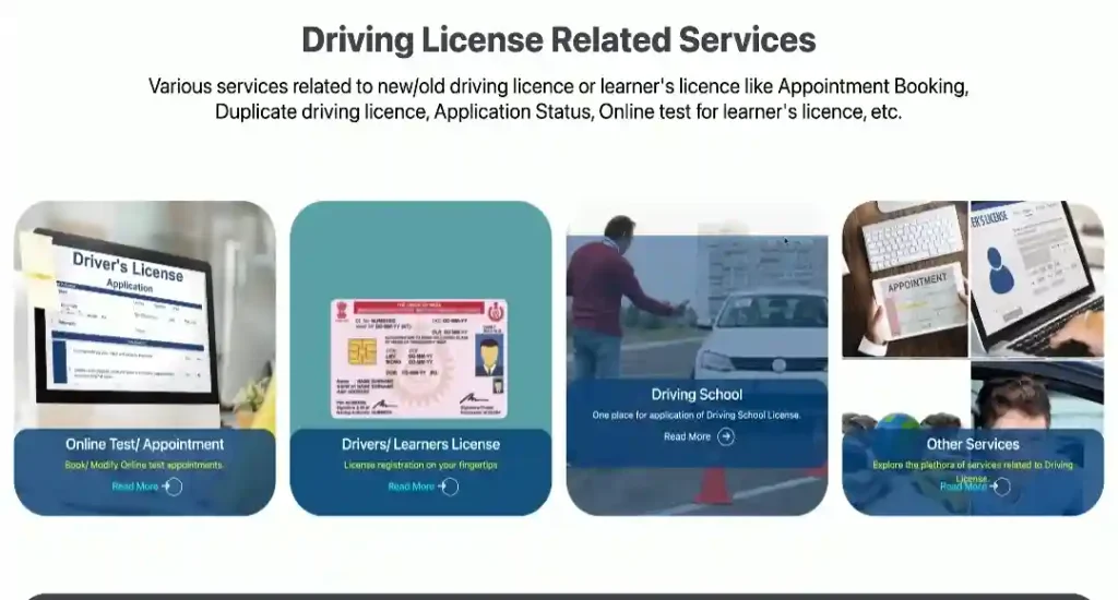Driving Licence Related Services section on Parivahan Sewa portal with options for learner licence, driving licence, appointments, and online tests.