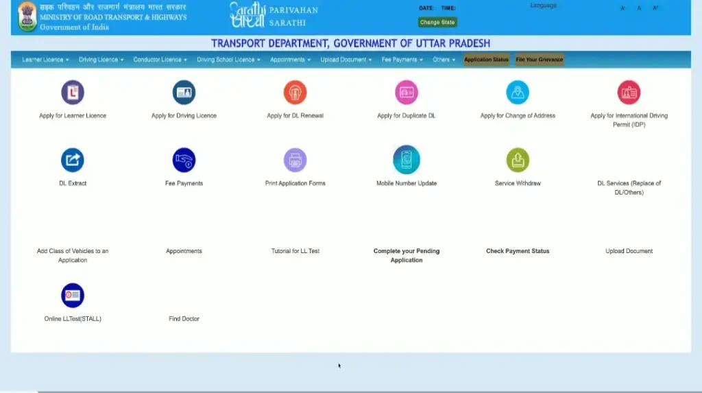 Sarathi Parivahan portal displaying Apply for Learner Licence and Driving Licence services after selecting state.