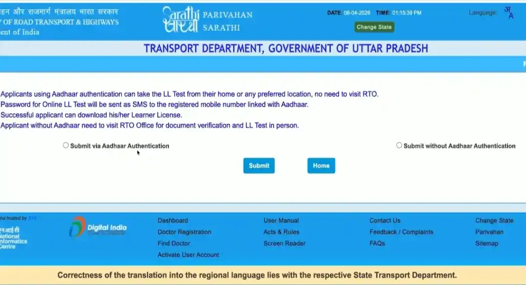 Learner Licence application page showing Aadhaar authentication and non-Aadhaar authentication options on Parivahan portal.
