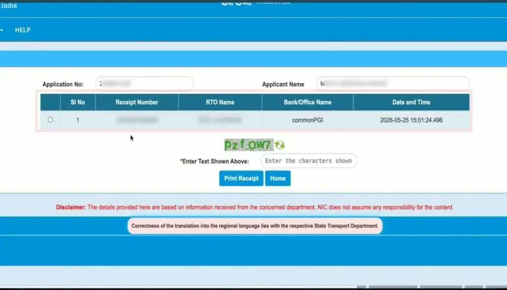 Driving licence application receipt page showing receipt details and print receipt option on Parivahan portal.
