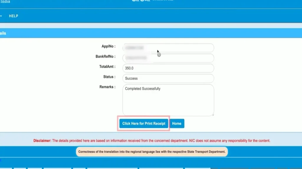Driving licence fee payment success page showing transaction status and receipt download option.
