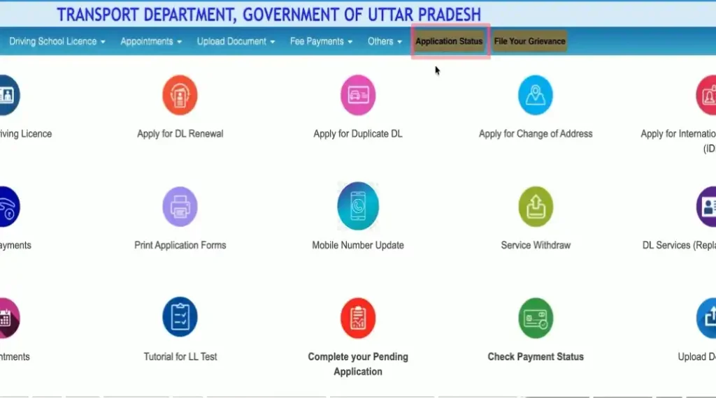 Parivahan Sarathi dashboard highlighting the Application Status option for tracking driving licence applications.