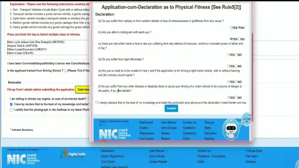 Driving licence self-declaration and physical fitness form with health-related questions required for learner licence application.