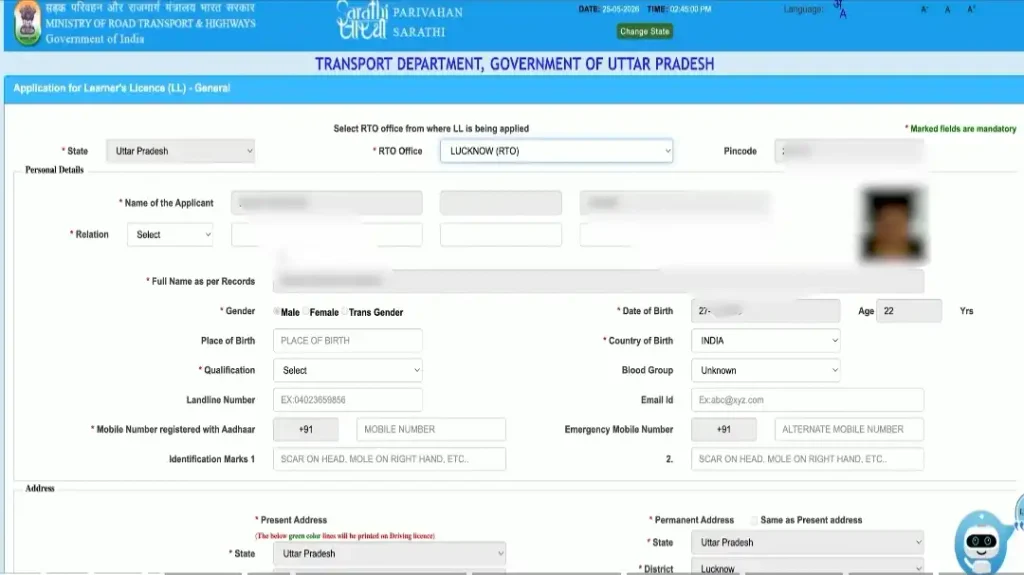 Learner Licence online application form on Parivahan Sarathi portal showing applicant details, RTO selection, address information, and contact details.