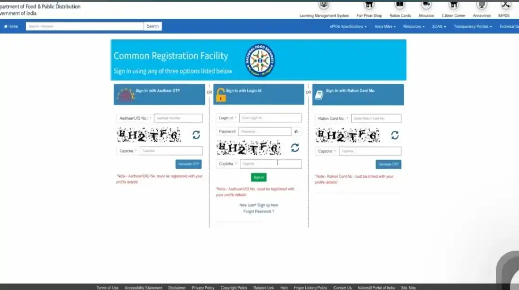 NFSP Common Registration Facility login page with Aadhaar OTP and Login ID options